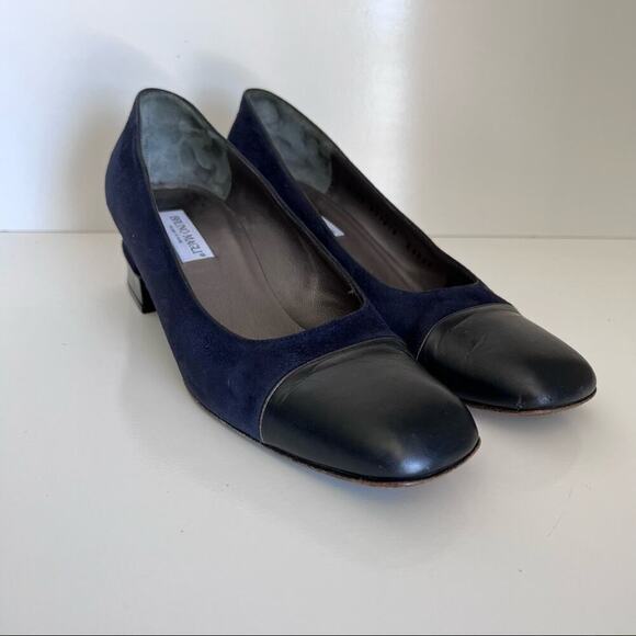 Bruno Magli Shoes - Bruno Magli Classic Suede Block Leather‎ Chunky Navy Heels Pumps
